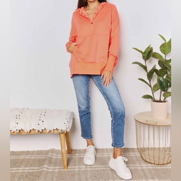 NEW Double Take Quarter Snap Oversized Boyfriend Hoodie Hooded Sweatshirt - Picture 5 of 11